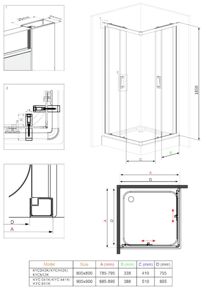 Cabina dus patrata 90x90 cm cu usi culisante crom Deante, Funkia 900x900 mm