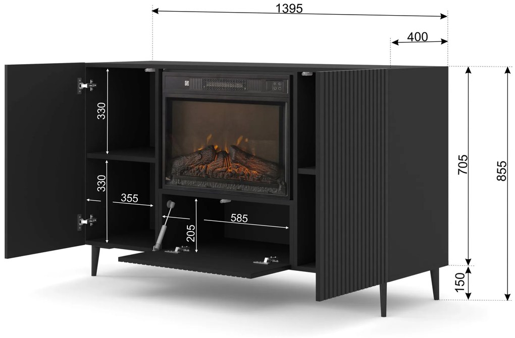 Comodă cu bioșemineu electric 2D1K Rowanna (Negru). 1124992