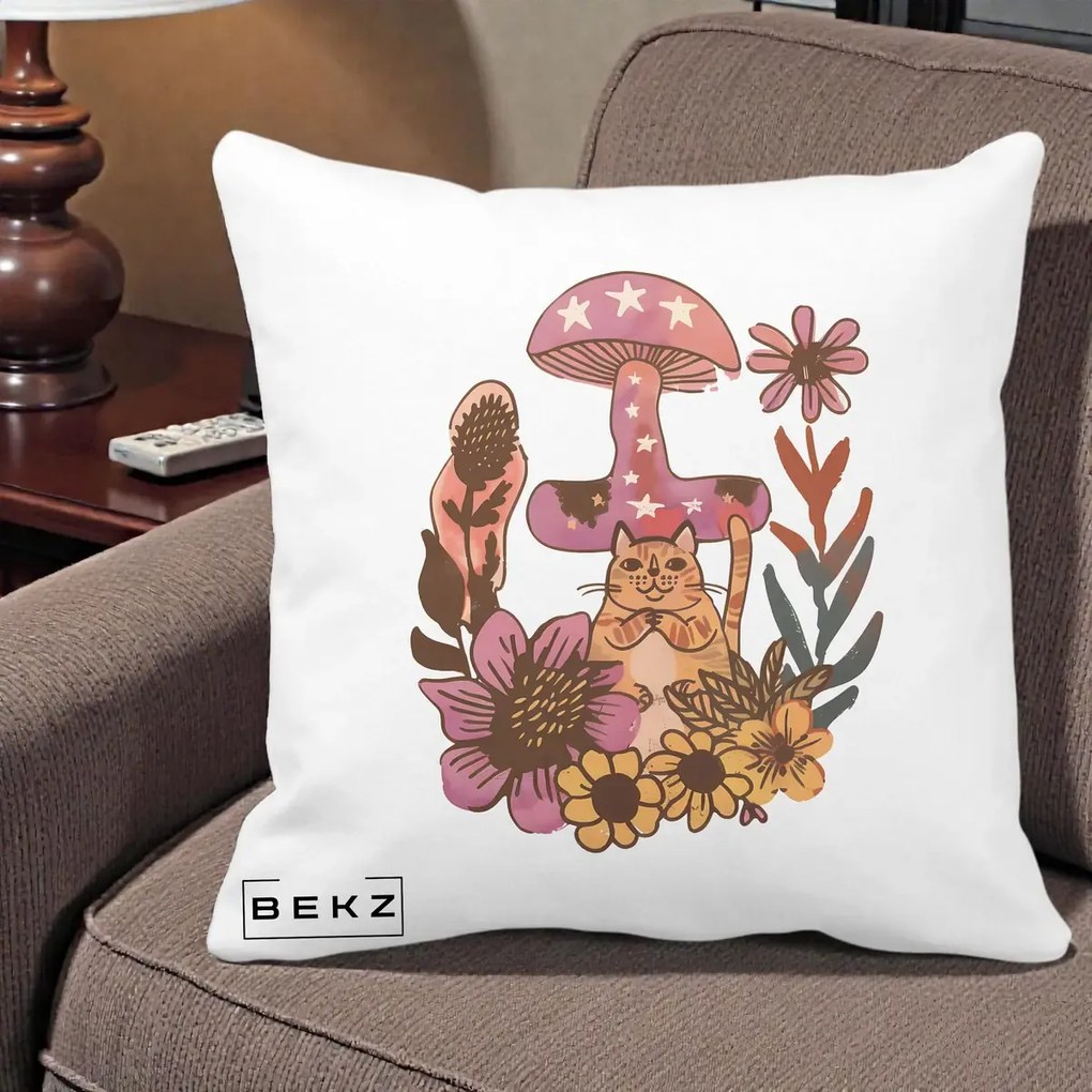 Perna Decorativa Ciuperca Pisica Boho, 40x40 cm, Alba Mata, Husa Detasabila, Perna Inclusa, BEKZ®