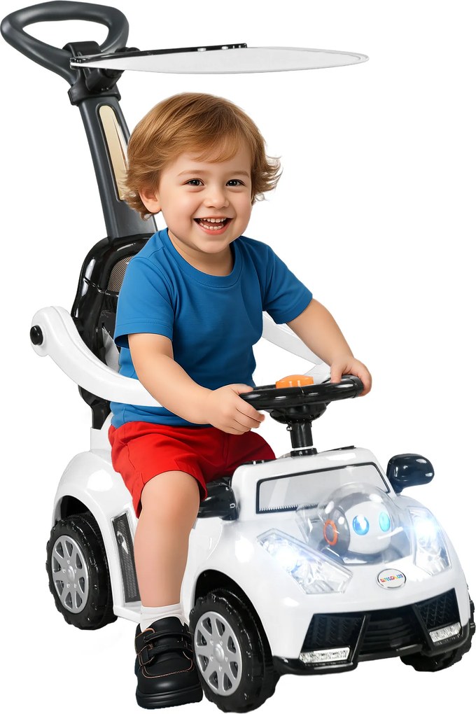 AIYAPLAY Mașinuță 2-în-1, acoperiș detașabil, lumini, muzică, claxon, plastic și metal, 96 x 39 x 90 cm, Alb/Negru | Aosom Romania