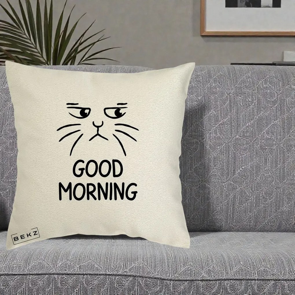 Perna Decorativa Pisica Morocanoasa Good Morning, 40x40 cm, Ecru, Husa Detasabila, Perna Inclusa, BEKZ®