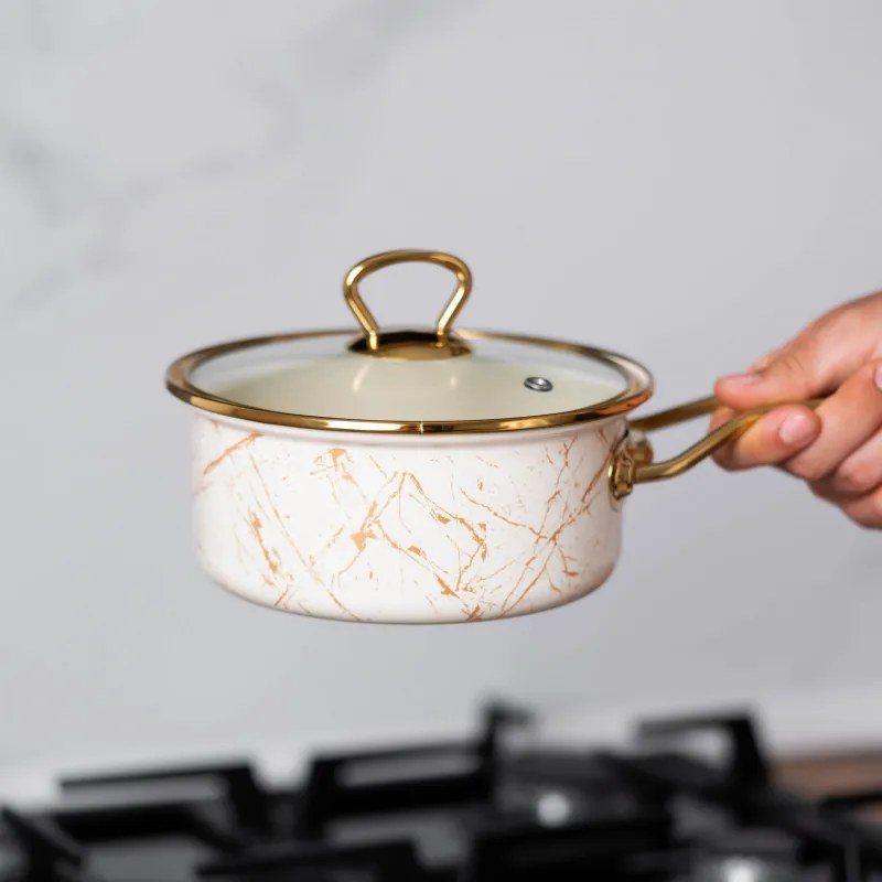 Caserolă cu capac din sticlă Goldmann GM 4521-16B, 16x8 cm, 1.5l, Email, Inducție, Alb/Old Gold