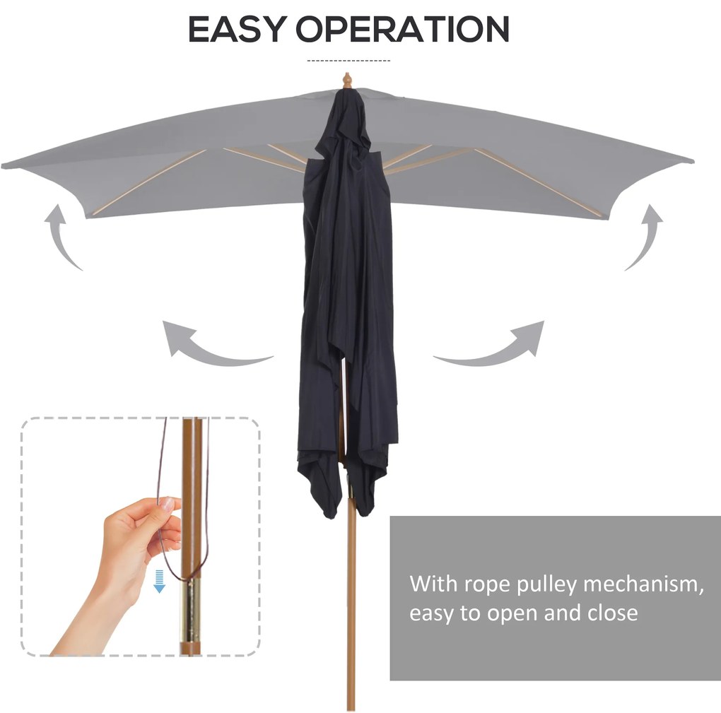 Umbrela de soare Outsunny dreptunghiulara, lemn, neagra, 2x3m | Aosom RO