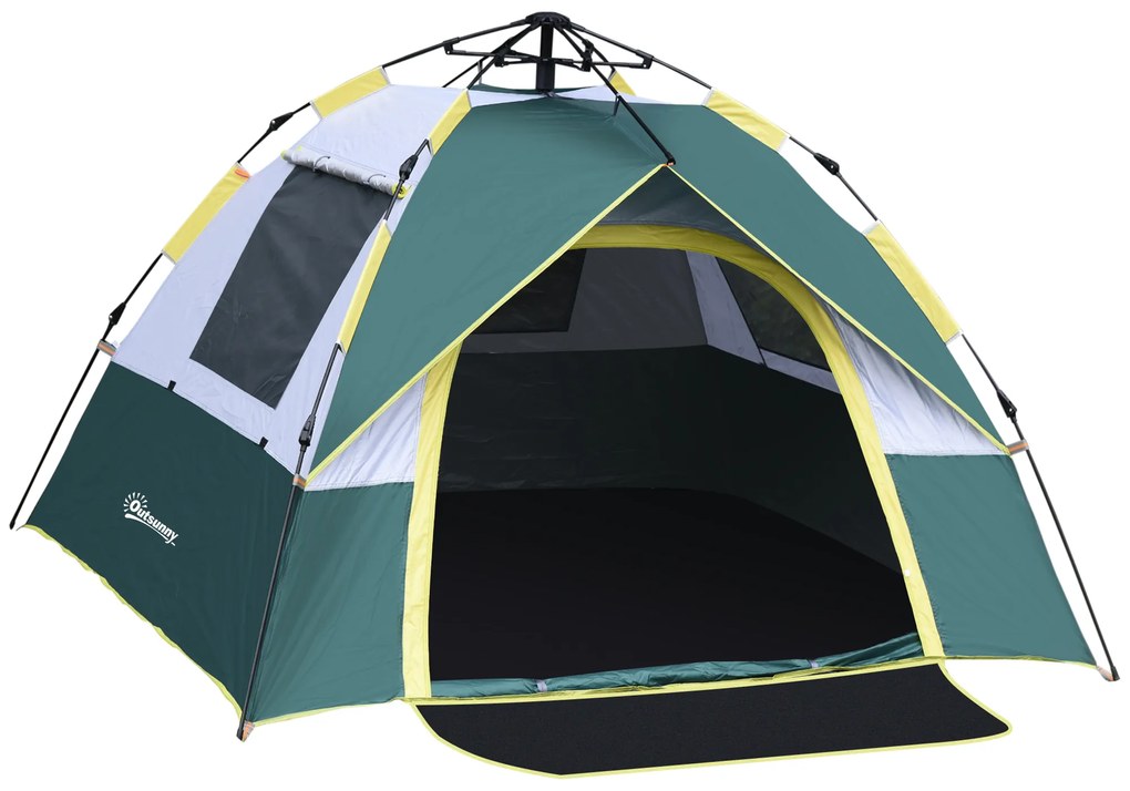 Outsunny Cort pentru Camping pentru 2 Persoane, Cort pentru Exterior Automatic Pop Up cu Copertina, Buzunare Interioare si Covoras, 205x195x135cm