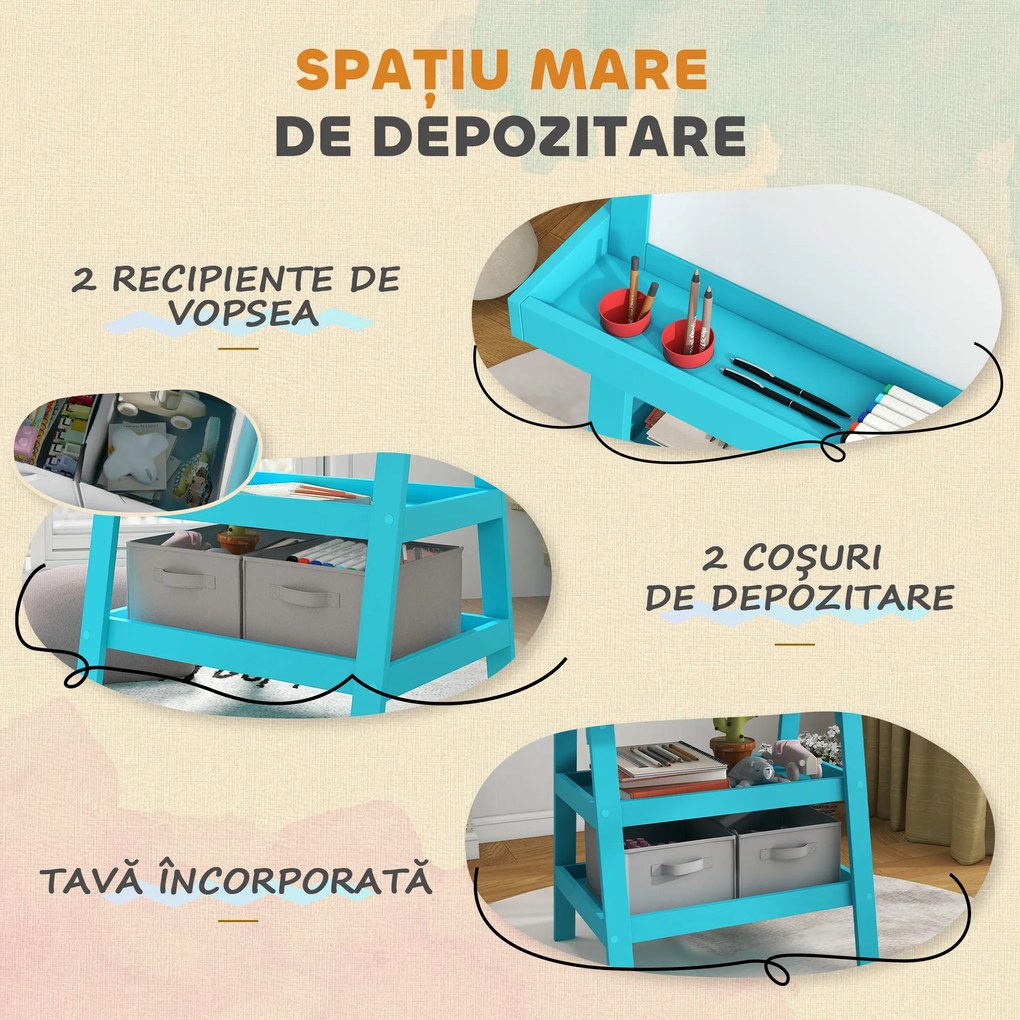 AIYAPLAY Tablă de Desen Dublă cu Magnet, Sul de Hârtie și Depozitare, Pentru Copii 3-6 Ani, 59x48x118 cm, Albastru | Aosom Romania