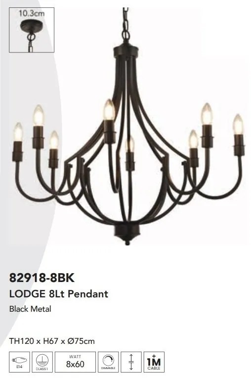 Candelabru cu 8 brate design rustic Lodge negru
