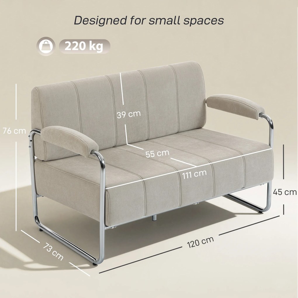 HOMCOM Canapea cu 2 Locuri Tapițată în Chenille cu Cusături Duble, Canapea Modernă cu Brațe și Picioare din Oțel, pentru Living, Birou și Dormitor, 120x73x76 cm, Bej | Aosom Romania