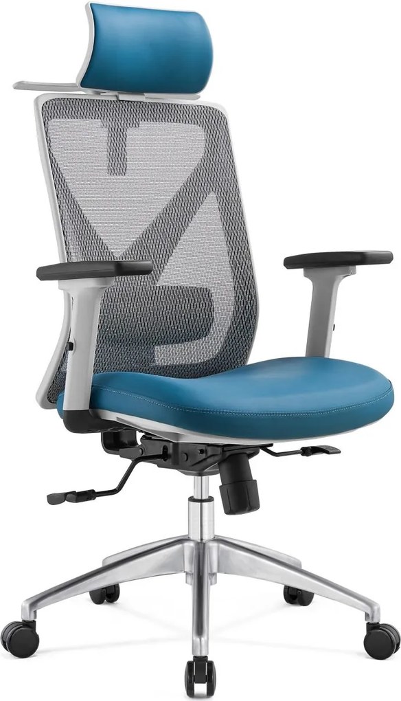 Scaun ergonomic Mike-H, sezut translatie, spatar reglabil inatime, mecanism multifunctional blocare/inclinare, balans, sezut translatie, cotiere 3D, Mesh/Piele, Gri/Albastru