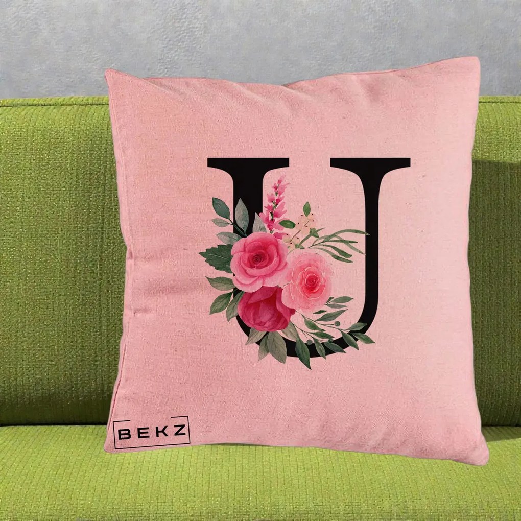 Cadou Personalizat - Perna Personalizata Monograma Florala Litera U, 40x40 cm, Roz, Husa Detasabila, Perna Inclusa, BEKZ®
