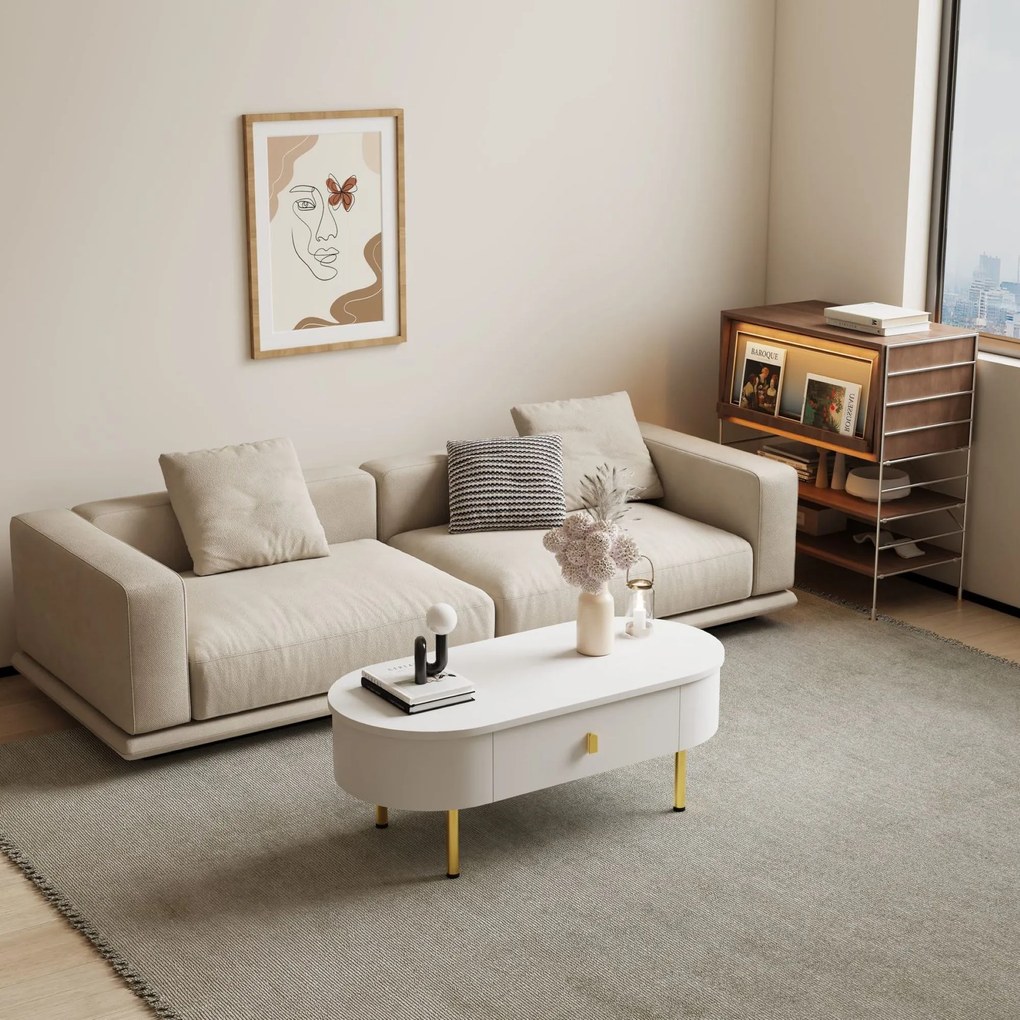 Masă de cafea cu 2 sertare, colțuri rotunjite, mânere și picioare aurii, 108x50x40 cm, Alb