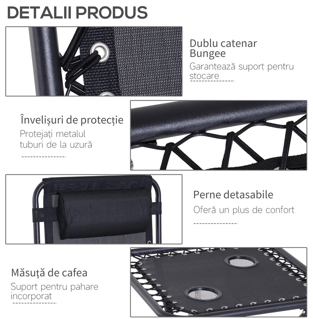 Outsunny Set Mobilier de Gradina 2 Scaune Rabatabil si Masuta Reglabila Pliabila,Tesatura de Textilen, Negru