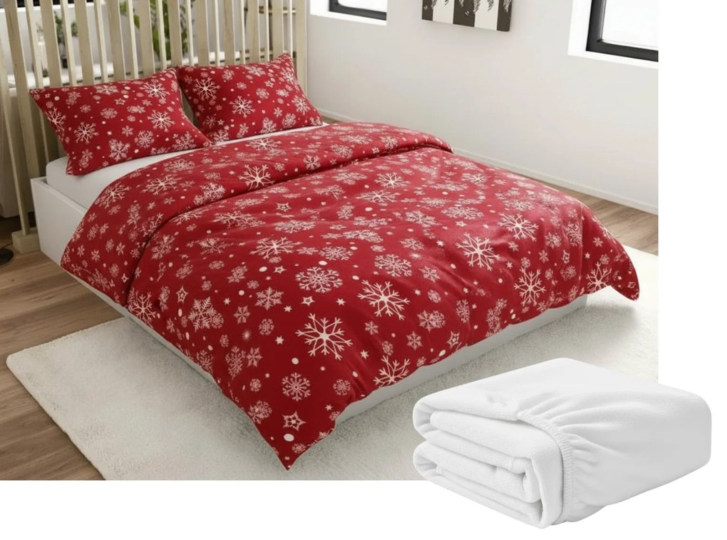 Sada Lenjerie cocolino SNOWFALL rosie + Cearsaf Cocolino microplus cu elastic SOFT 90x200 cm alb, single