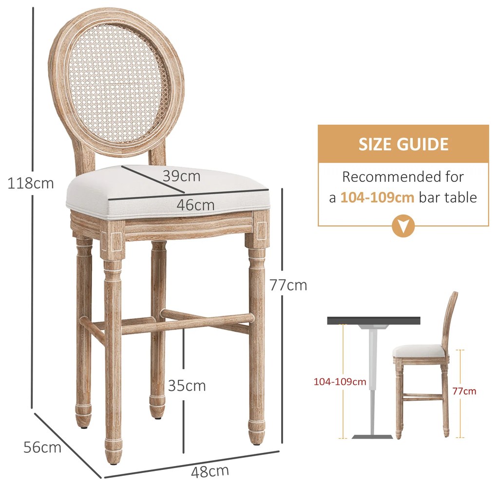 HOMCOM Set 2 Scaune de Bar Stil Franțuzesc, Tapițate cu Lin și Spătar din Ratan, pentru Bucătărie, 48x56x118 cm, Alb Cremos | Aosom Romania