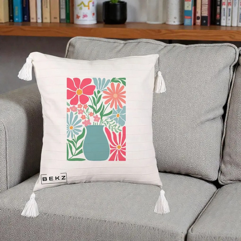 Perna Decorativa Flori in Vaza Turcoaz, 40x40 cm, Bej cu Franjuri, Husa Detasabila, Perna Inclusa, BEKZ®