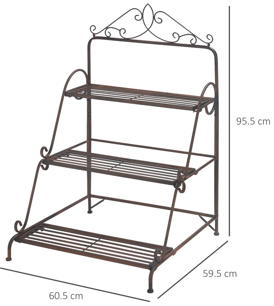 Jardiniera de Exterior Outsunny cu 3 Niveluri pentru Ornamente, Raft pentru Plante de Gradina din Metal, 60,5x59,5x95,5cm, Maro