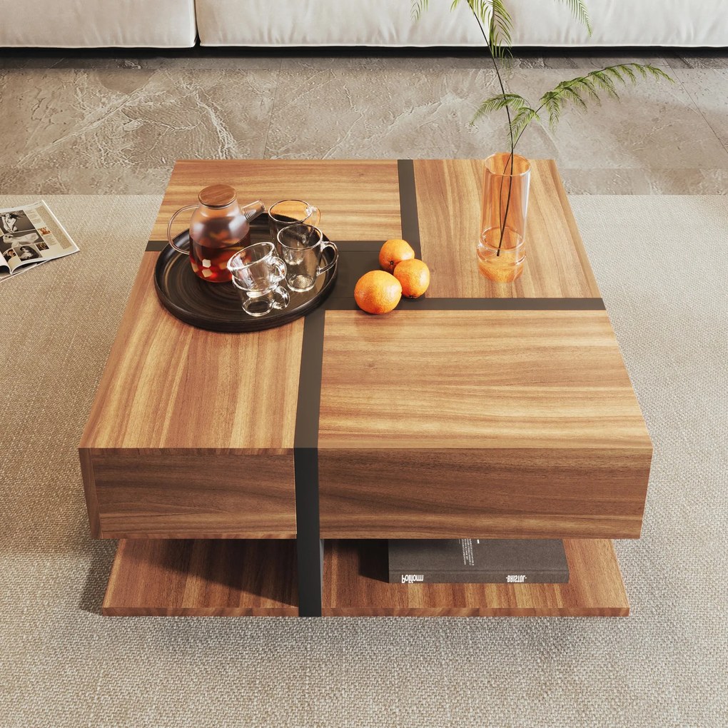 Masă de cafea cu 4 sertare, design unic de culori și linii, spațiu de depozitare inferior, 78×78×36 cm, Natural