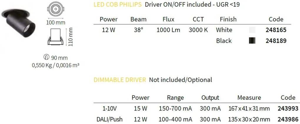 Spot LED directionabil, incastrabil pentru tavan fals NOVA 12W 3000K BK 248189 IDL