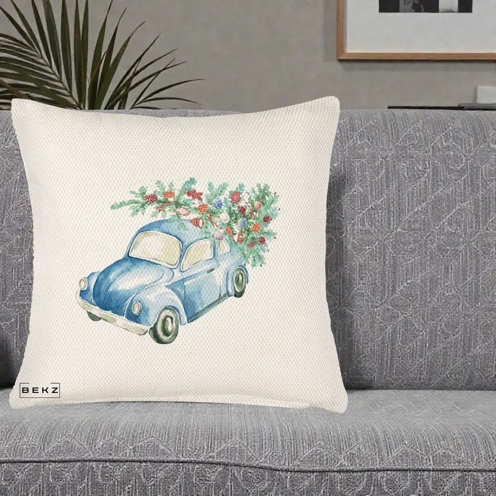 Perna Decorativa Masinuta Albastra cu Brad de Craciun, 40x40 cm, Crem Reliefat, Husa Detasabila, Perna Inclusa, BEKZ®