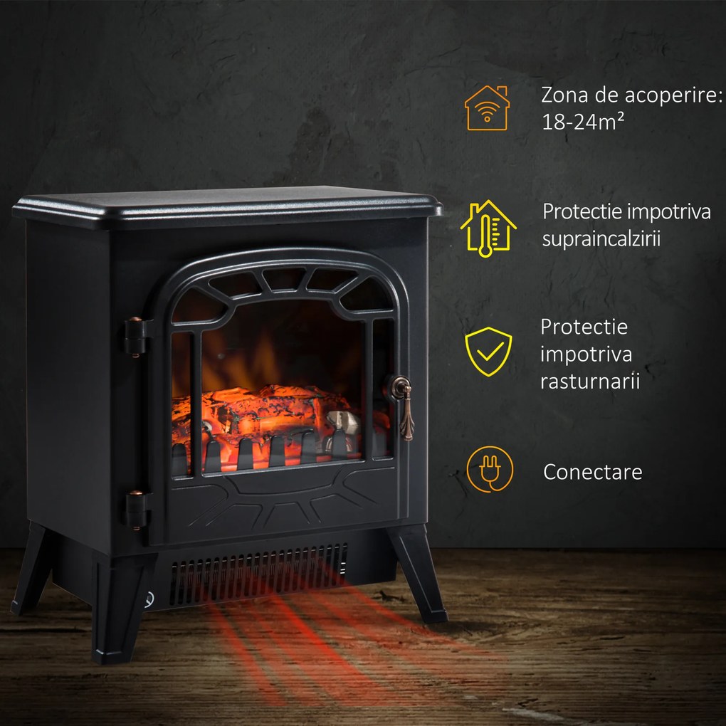 Semineu electric HOMCOM cu putere reglabila cu efect de flacara 900 W/1800 W, 36 x 25,5 x 41,5 cm, negru | Aosom Romania