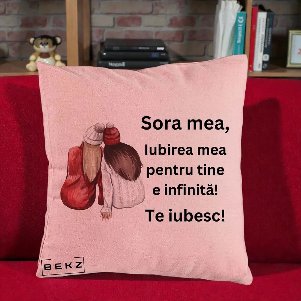 Cadou pentru Sora - Perna Personalizata Sora Mea Te Iubesc Doua Fete Iarna Acuarela, 40x40 cm, Roz, Husa Detasabila, Perna Inclusa, BEKZ®