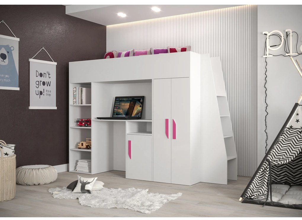 Pat pentru copii combinat 90 cm Puro 15 (alb mat + alb lucios + mânere roz). 1087100