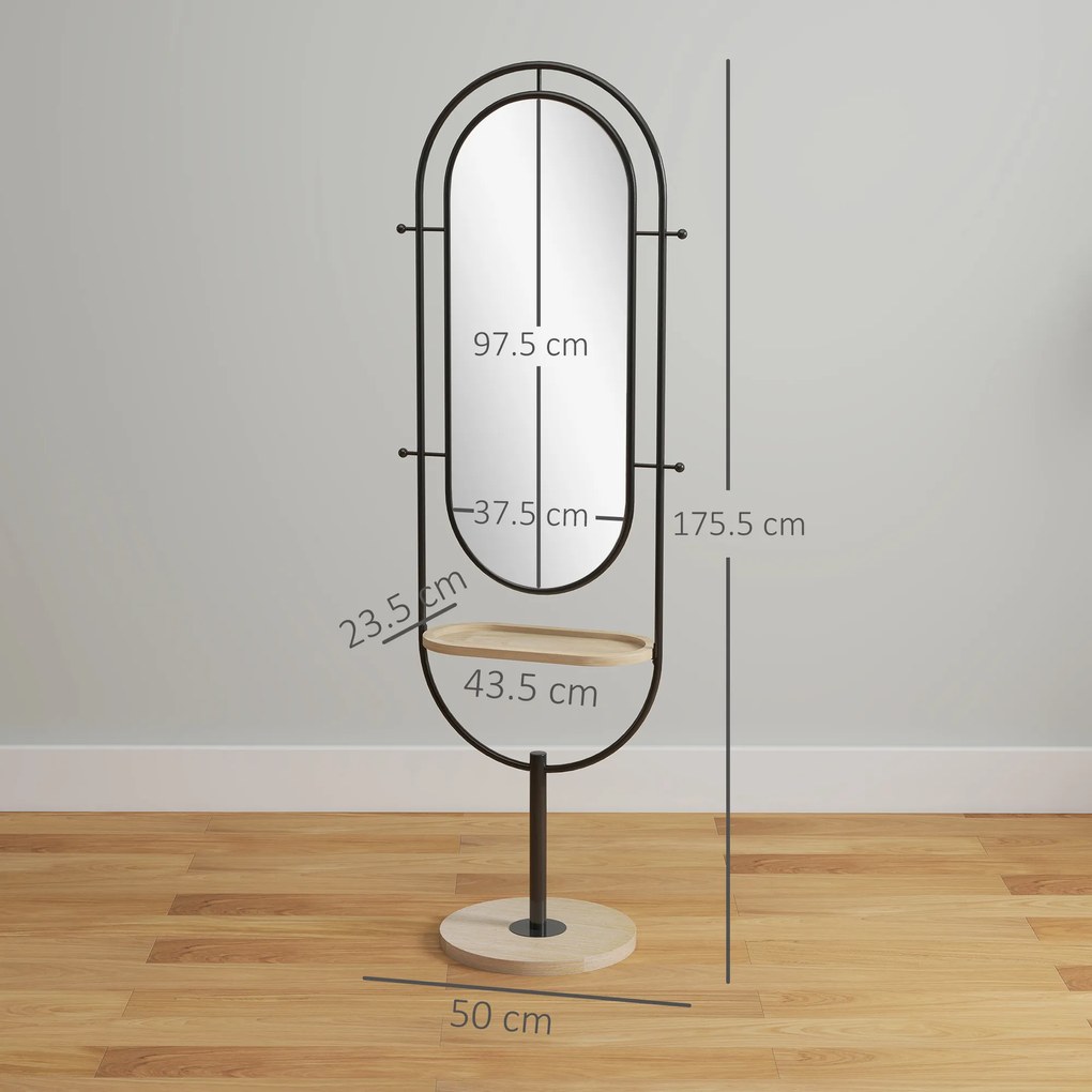 HOMCOM Oglindă de tip stand ovală cu suport de lemn, 4 cârlige și cadru metalic, 50 x 40 x 175,5 cm, negru | Aosom Romania