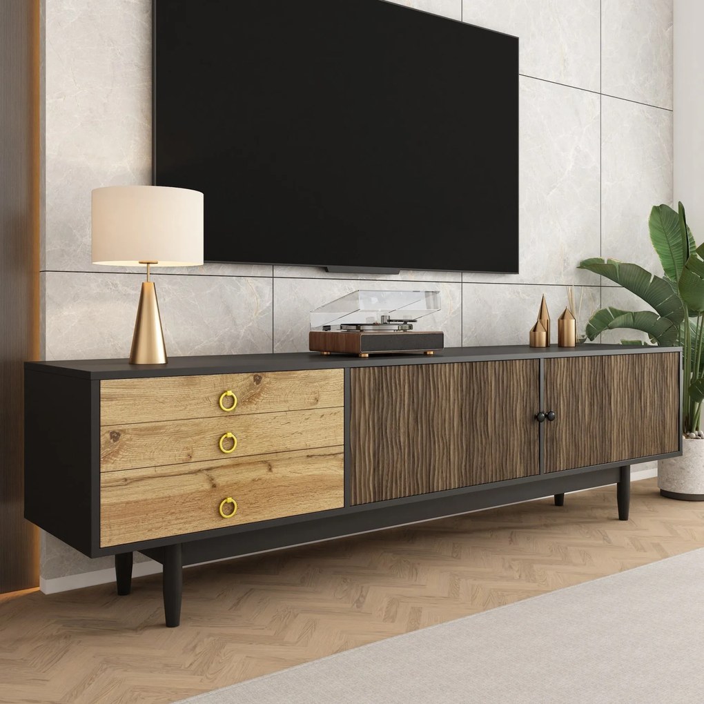 Comodă TV cu 2 uși și 3 sertare, panouri ale ușilor cu model unic în valuri, 180x38x50 cm, Culoare naturală