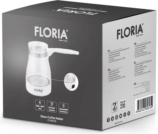 Ibric electric Floria ZLN8139 Alb, carcasa din sticla, capacitate de 0.5 Litri, putere 800W