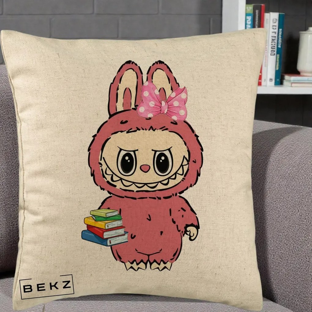 Perna Personalizata Labubu Roz cu Funda si Carti, 40x40 cm, Bej, Husa Detasabila, Perna Inclusa, BEKZ®