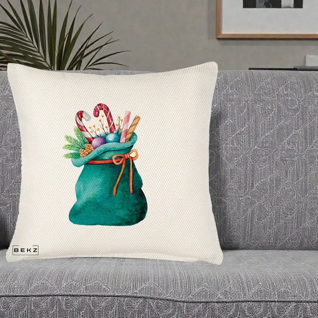 Perna Decorativa Saculet Cadouri Mos Craciun Acuarela Verde, 40x40 cm, Crem Reliefat, Husa Detasabila, Perna Inclusa, BEKZ®
