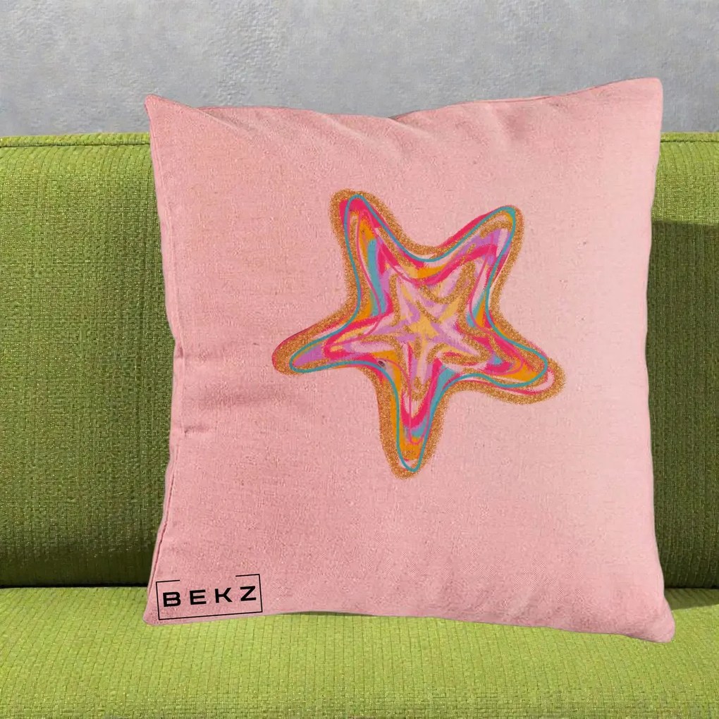 Perna Decorativa Stea de Mare Neon Curcubeu, 40x40 cm, Roz, Husa Detasabila, Perna Inclusa, BEKZ®