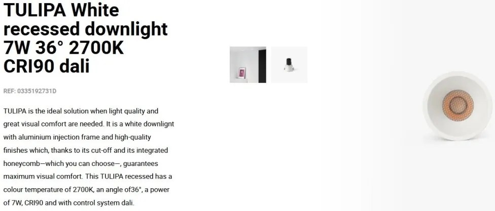 Spot LED incastrabil TULIPA White recessed downlight 7W 36° 2700K CRI90 dali