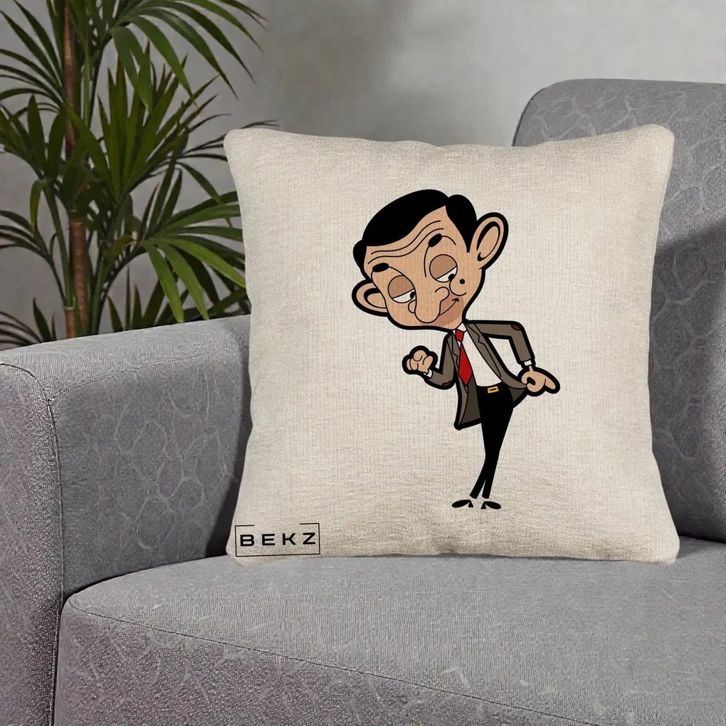 Perna Personalizata Mr. Bean Caricatura, 40x40 cm, Bej Canapea, Husa Detasabila, Perna Inclusa, BEKZ®