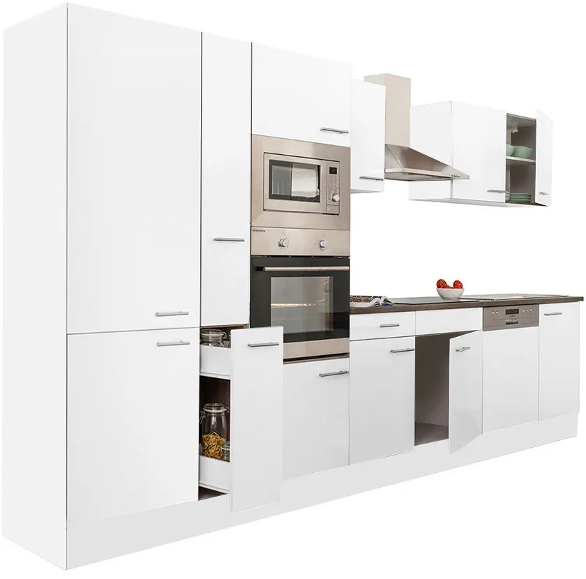 Mobilă de bucătărie Yorki 370, corp alb, cu față satinată albă și dulap cu raft