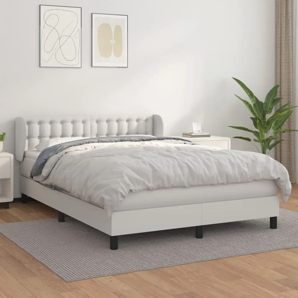 vidaXL Pat box spring cu saltea, alb, 140x200 cm, piele ecologică