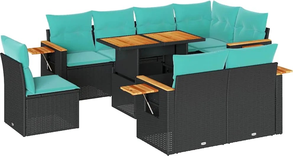 vidaXL Set mobilier grădină perne 9 piese negru poliratan/lemn acacia