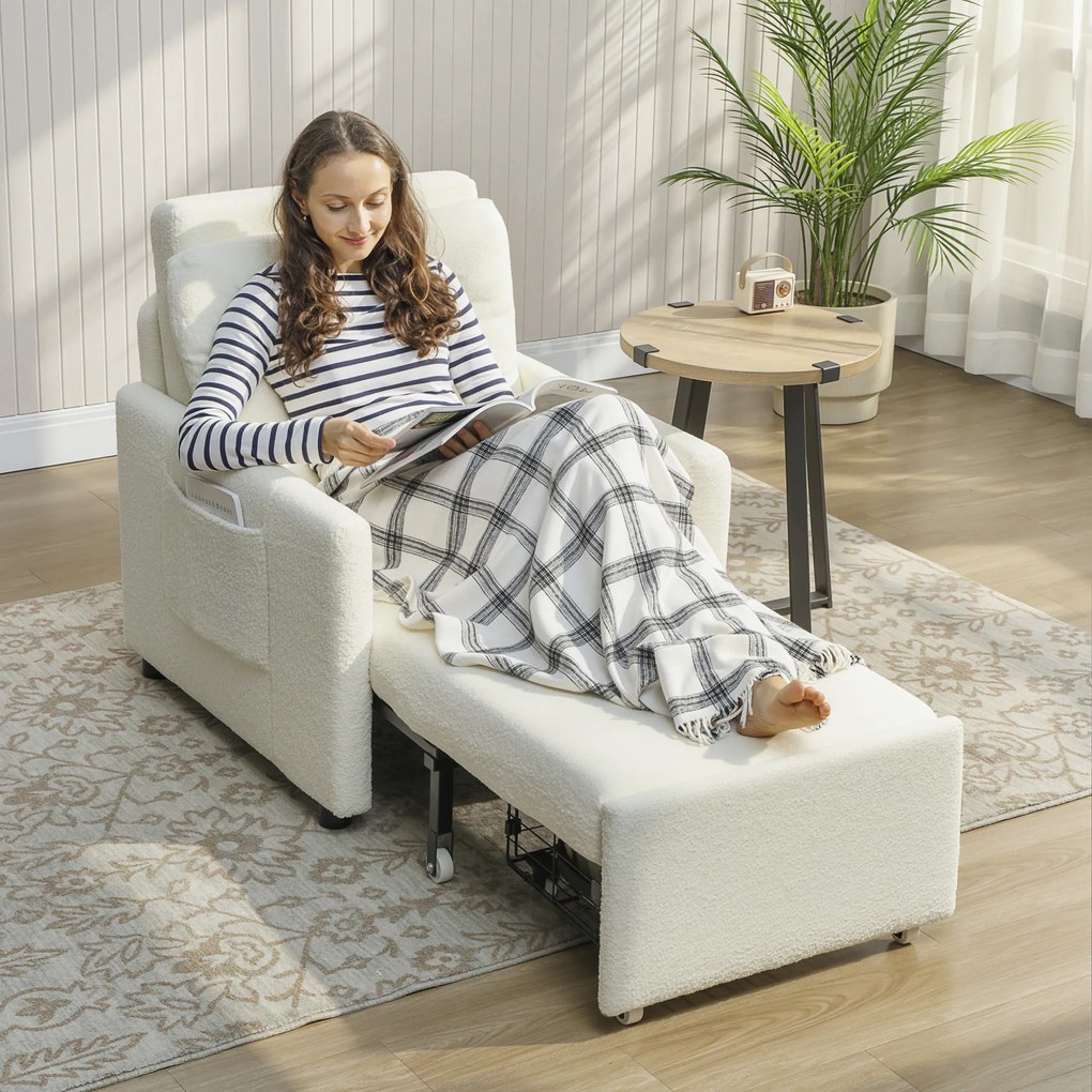 HOMCOM Fotoliu convertibil 1 loc, fotoliu-pat cu depozitare ascunsă, șezut larg și căptușit, 72 x 85,5 x 91 cm, crem | Aosom Romania