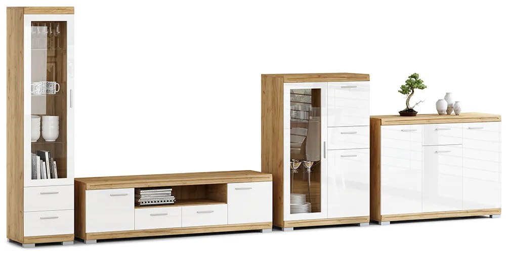 Mazzoni Mobilier perete SIMPLE Stejar Craft Auriu/Alb Luciu - COMODĂ MARE TV VITRINĂ DOUĂ COMODE PENTRU LIVING