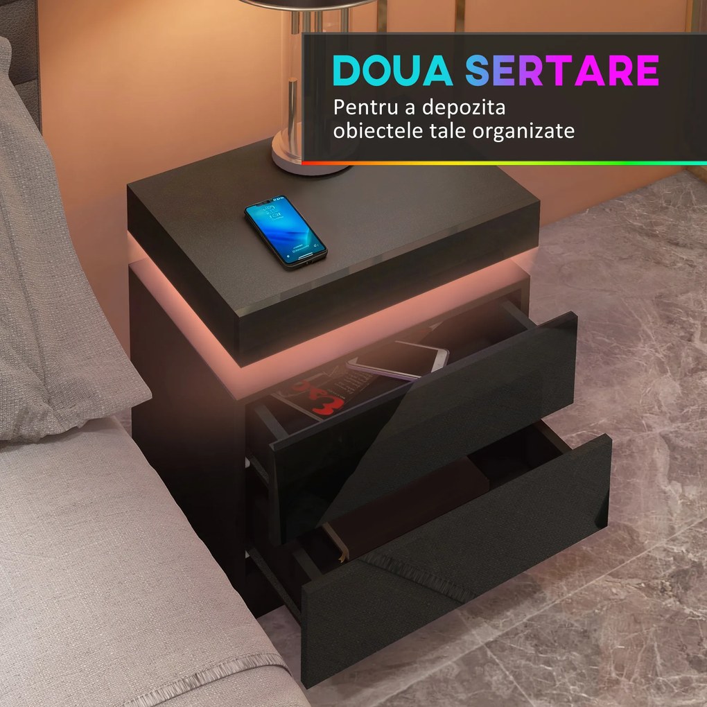 HOMCOM Masă de noapte neagră cu lumină LED, Front lucios cu 2 sertare, pentru Sufragerie, Dormitor | Aosom Romania