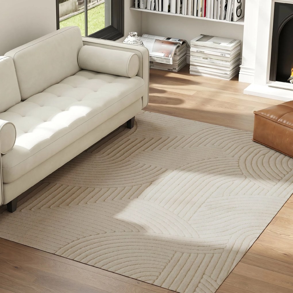 HOMCOM Covor Modern Antiderapant din Poliester și Bumbac cu Design Liniar, pentru Living, Dormitor, Crem | Aosom Romania