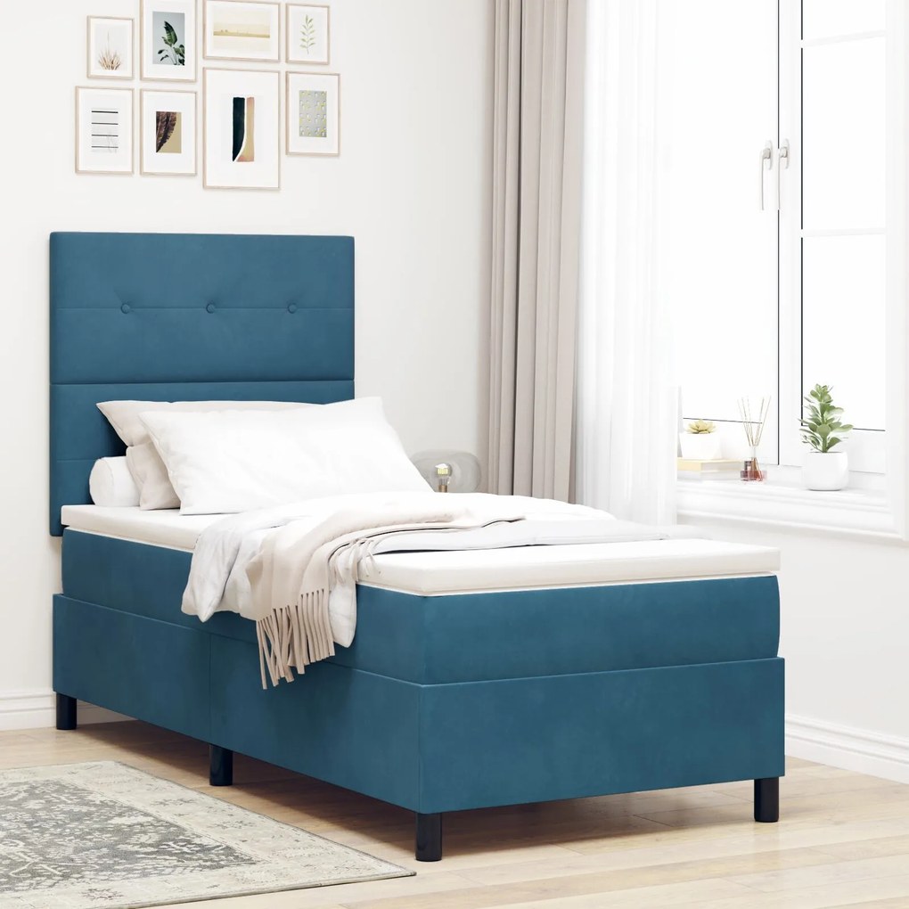 vidaXL Pat box spring cu saltea, albastru închis, 90x200 cm, catifea