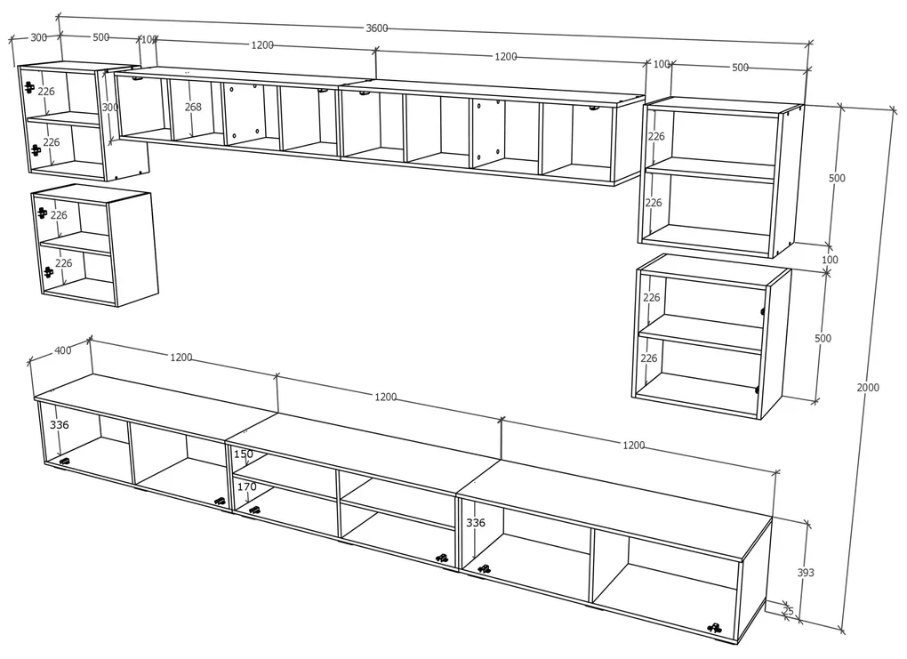 Living haaus Haga V3, Alb Lucios/Negru, MDF, L 360 cm