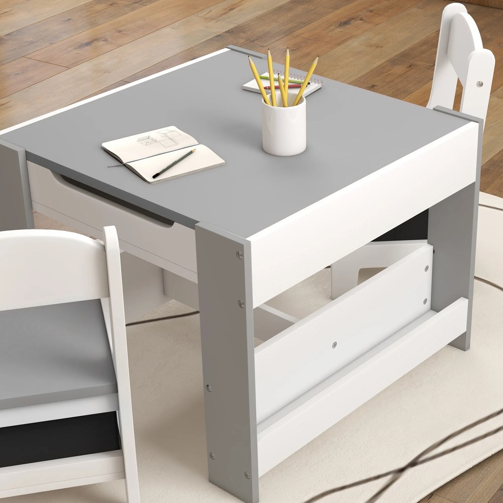 HOMCOM Set de Masă și Scaun pentru Copii, Set de Birou și Scaun pentru Copii 2-în-1 cu Tablă și Rafturi pentru Cărți, 61.5x61.5x48 cm, Gri | Aosom Romania