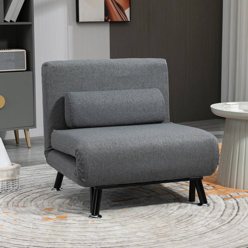 HOMCOM Fotoliu pliabil cu funcție de pat, fotoliu de relaxare în imitație de in, spătar reglabil, 75 x 70 x 75 cm, Gri închis | Aosom Romania