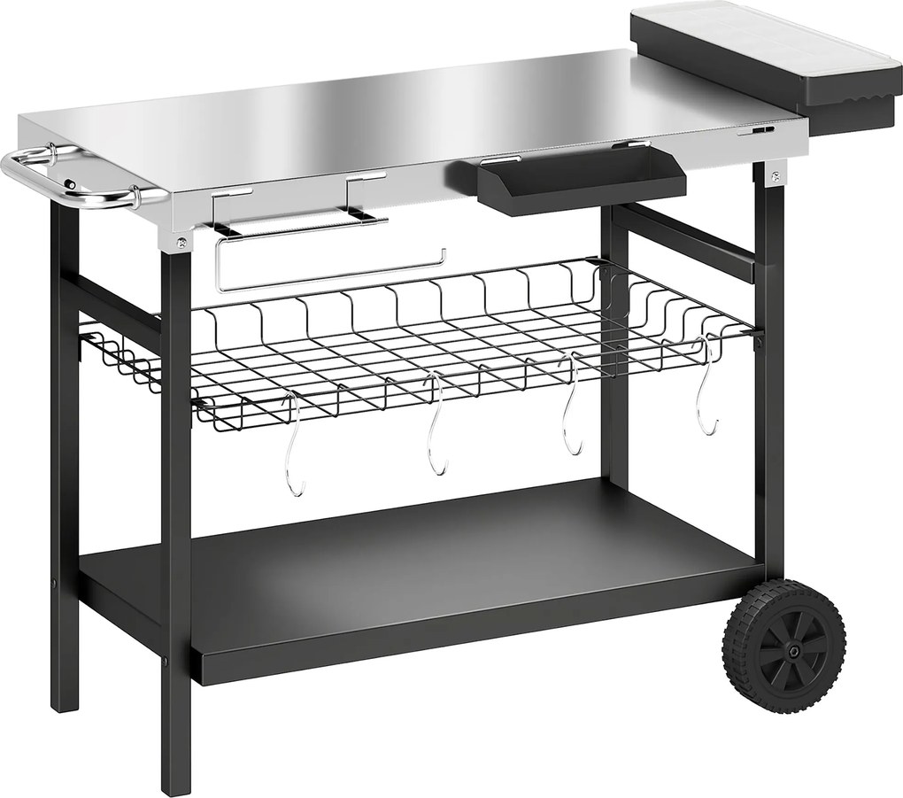 Outsunny Cărucior de grădină cu 3 niveluri, blat din inox, roți, cârlige, coș detașabil, mâner lateral, 114x61x81 cm, negru | Aosom Romania