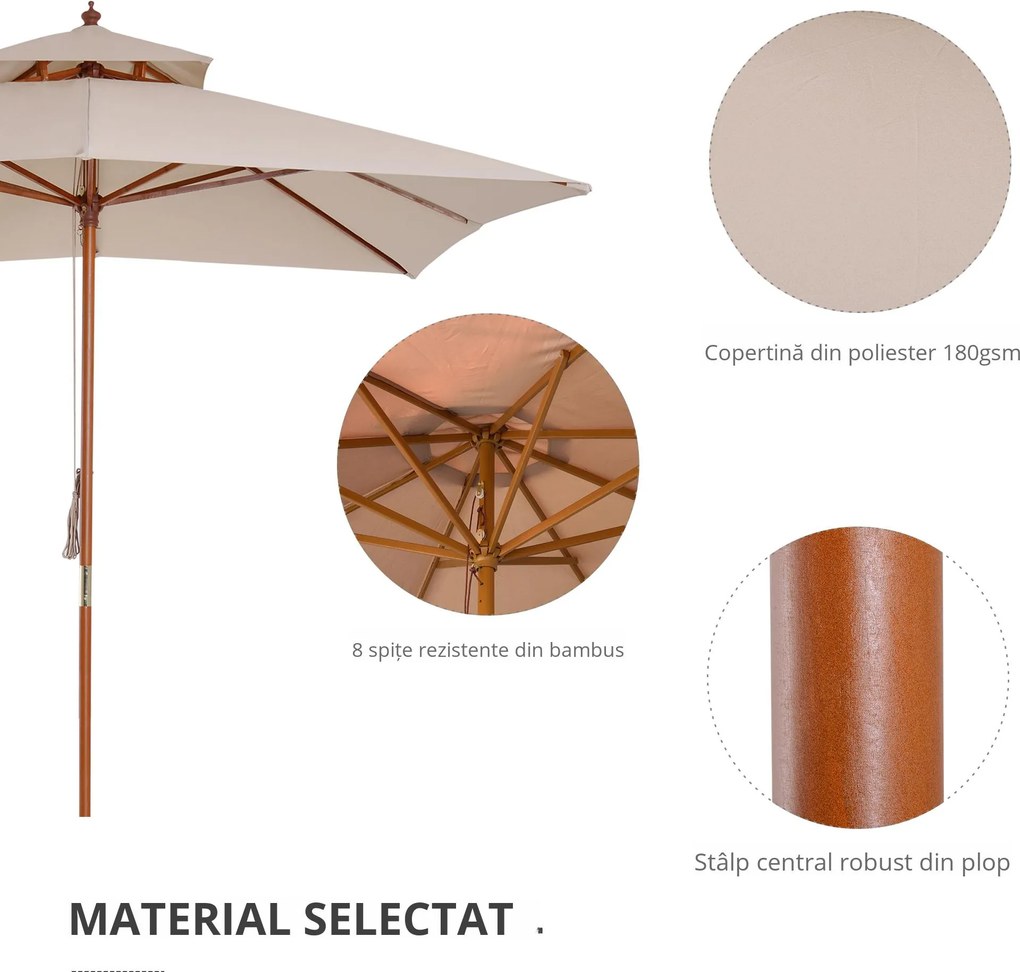 Outsunny Umbrelă de Soare Dublă pentru Grădină, Bambu și Poliester, Crem, 3x3m | Aosom Romania