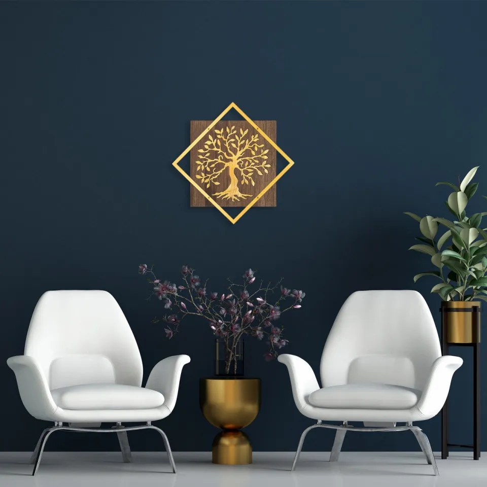 Accesoriu Decorativ de Perete Tree v2, Auriu, Metal / Lemn