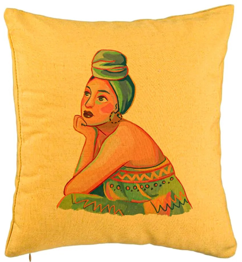 Perna Decorativa, Model African Fashion, 40x40 cm, Galben, Husa Detasabila, Burduf