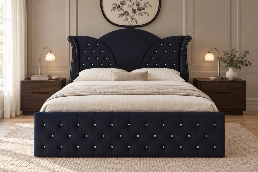 Pat tapițat Chesterfield din catifea Velora Deluxe 180×200 cm, negru, cu ladă de depozitare