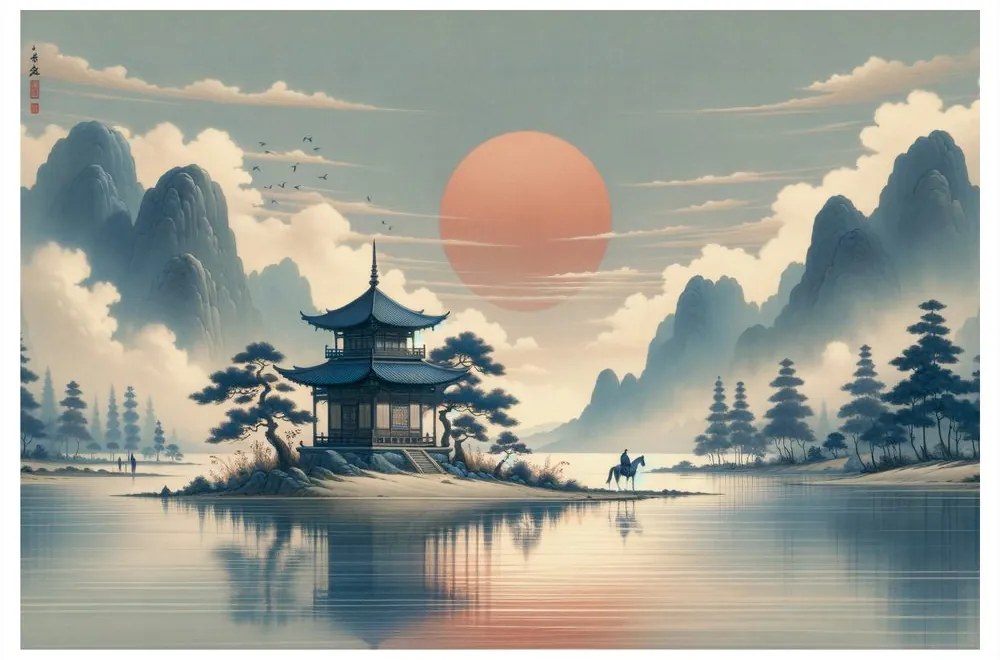 Tablou templu japonez și lac